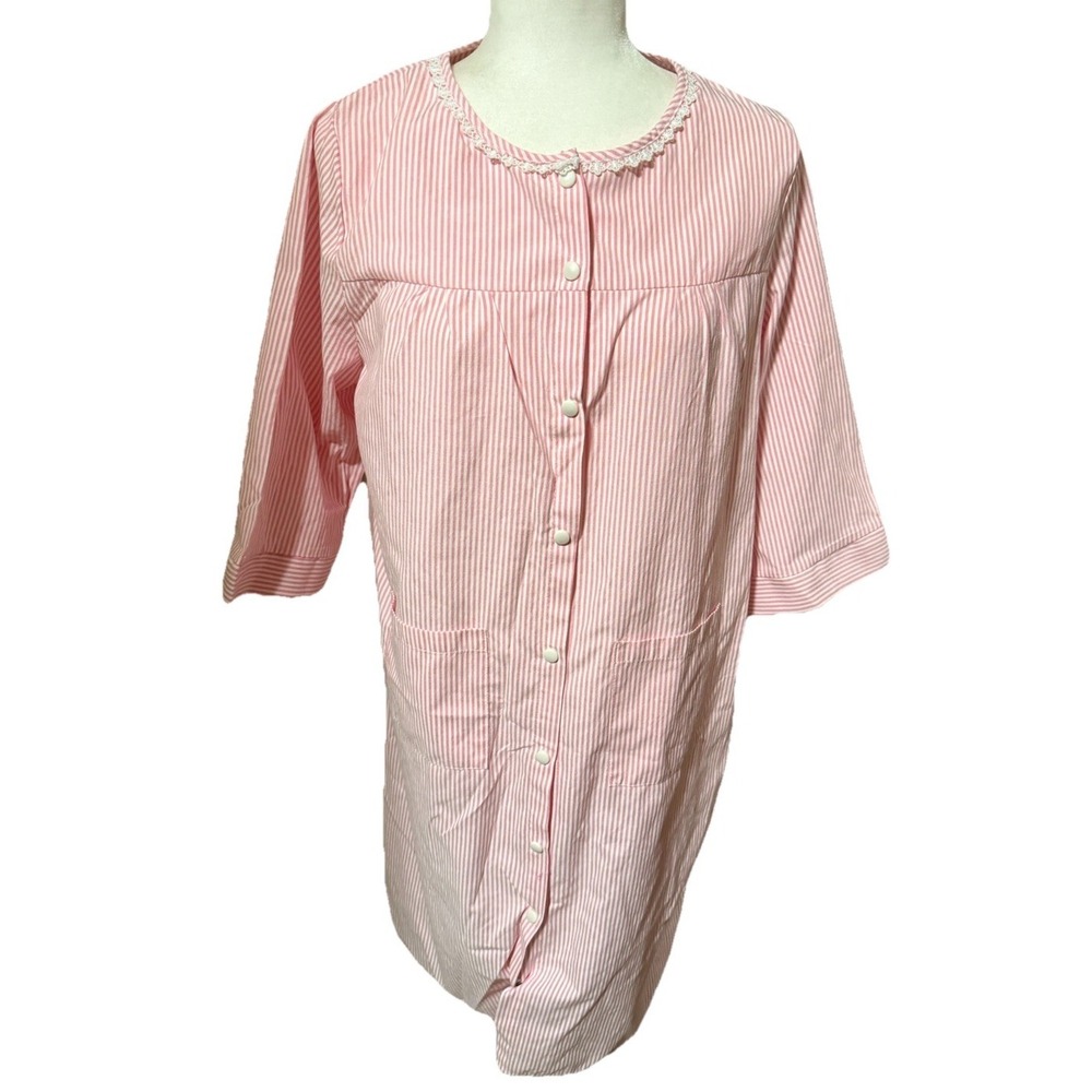 Bloggerlove Kimono Robe Pink White Striped Button Up Lace Small Duster Gown - Picture 2 of 5
